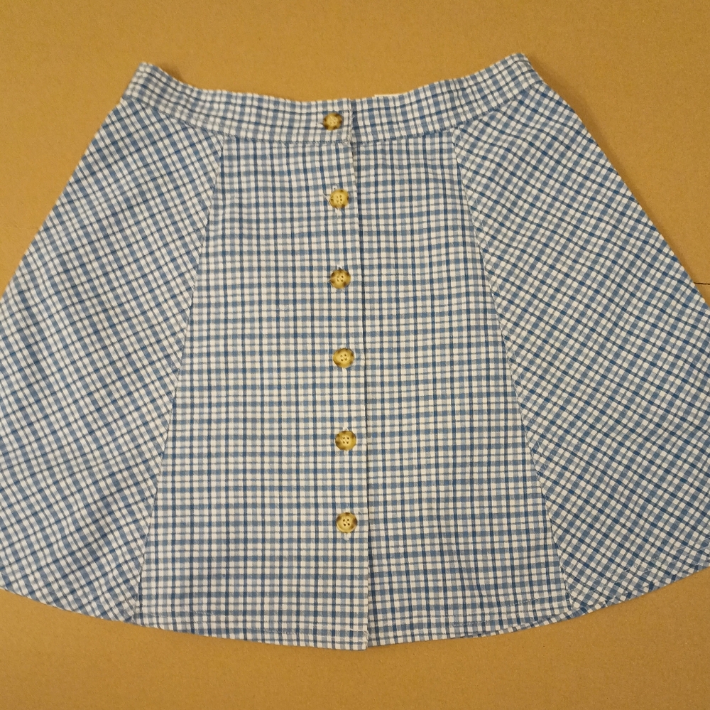 Blue Checkered Skirt with Yellow Buttons